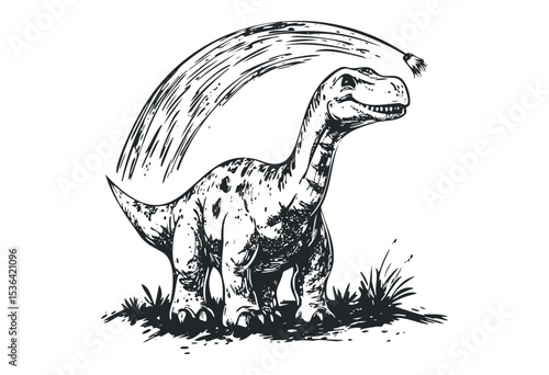Cartoon dinosaur and comet illustration with playful expression. Vector retro hand drawn illustration