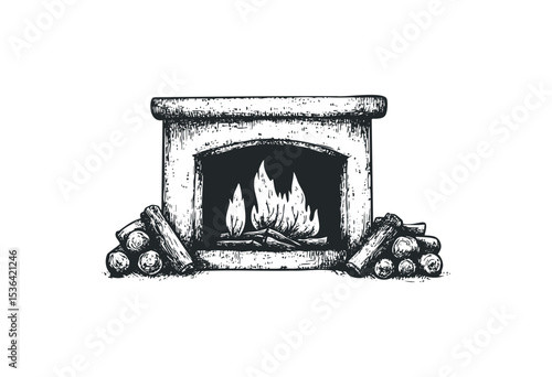 Hand-drawn fireplace with burning logs and wood piles. Vector retro hand drawn illustration