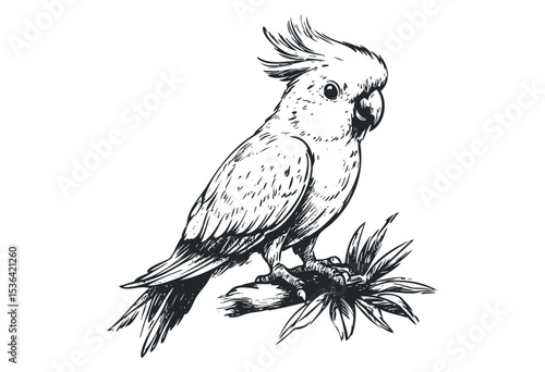 Detailed sketch of a cockatoo perched on a branch. Vector retro hand drawn illustration