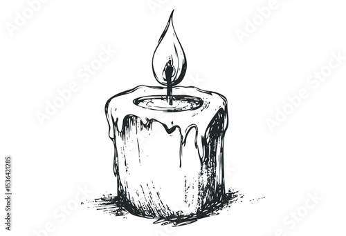 Detailed sketch of a dripping candle with flickering flame. Vector retro hand drawn illustration