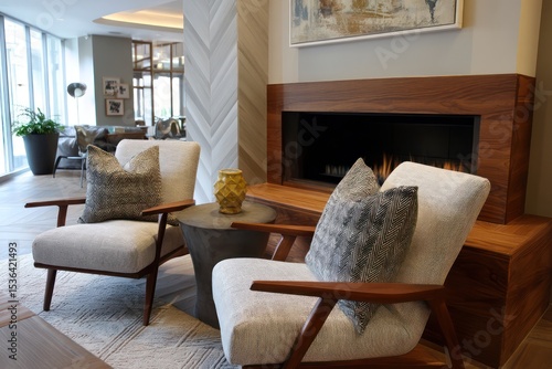 Natural wood accents, soft textures, and comfy armchairs create a cozy living room atmosphere.