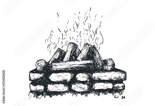 Hand-drawn sketch of a campfire with logs and flames. Vector retro hand drawn illustration