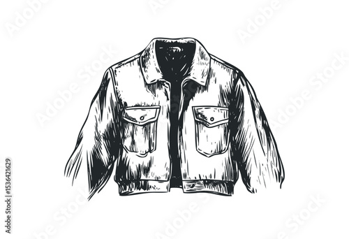 Sketch of denim jacket with front pockets and buttoned collar in monochrome style. Vector retro hand drawn illustration