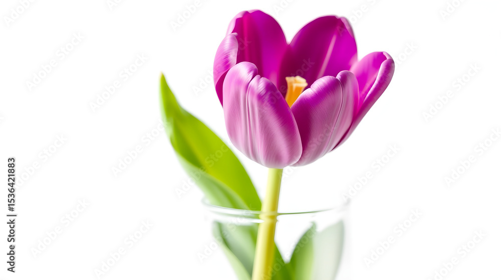 Purple tulip blooming in glass vase on white background Purple tulip blooming in glass vase on white background