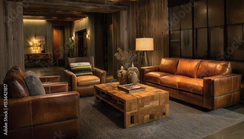 Leather seating, wooden accents, and warm lighting define this cozy living room space.