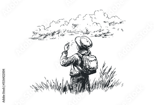 Young caucasian female artist sketching nature with pencil outdoors. Vector retro hand drawn illustration