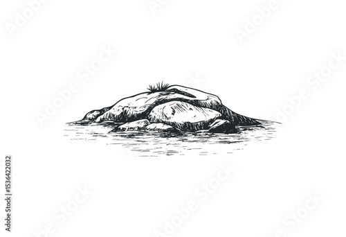 Detailed sketch of a rocky island in the sea with grass and natural features. Vector retro hand drawn illustration