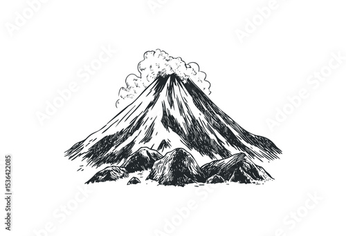 Erupting volcano with smoke clouds and rocky landscape. Vector retro hand drawn illustration