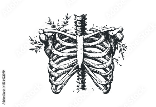 Detailed anatomical ribcage illustration with floral accents. Vector retro hand drawn illustration