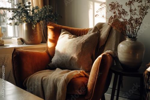 Cozy living room with warm tones, soft textiles, a large armchair, and a welcoming vibe.
