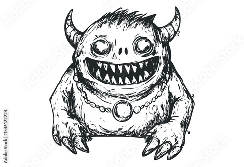 Cartoon horned monster with fierce smile and necklace in black and white illustration. Vector retro hand drawn illustration
