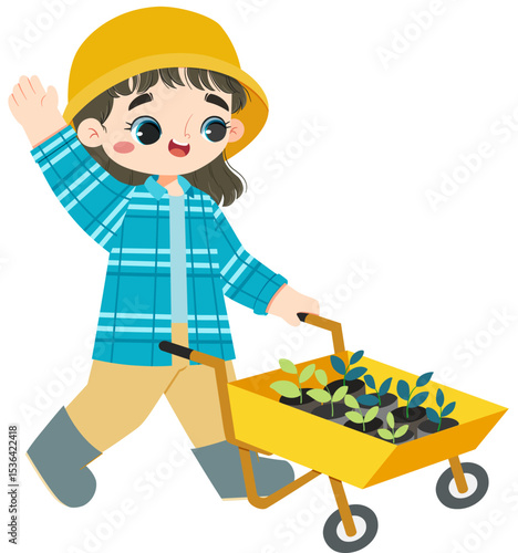 Cute girl is pushing garden cart with seedling inside in a summer