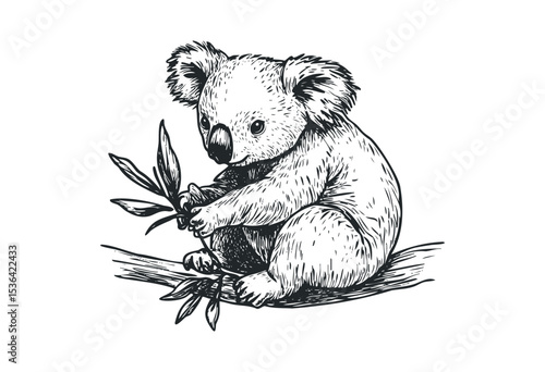 Detailed sketch of a koala on a branch holding eucalyptus leaves. Vector retro hand drawn illustration