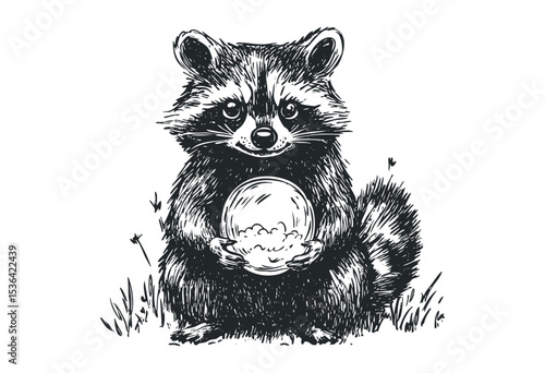 Hand-drawn raccoon holding a snow globe in black and white illustration. Vector retro hand drawn illustration
