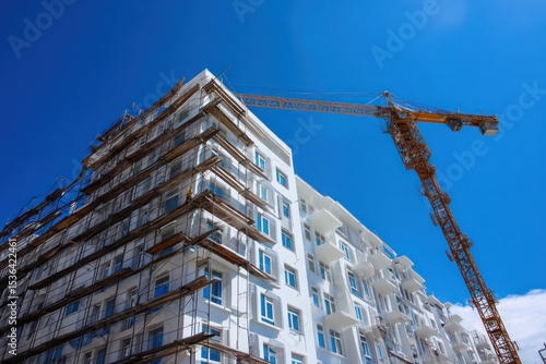 White building construction with scaffolding and a crane set against the clear blue sky.