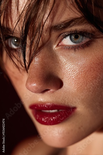 Close-up on a person's face, emphasizing striking red lips, radiant skin, and piercing blue eyes against a blurred background.