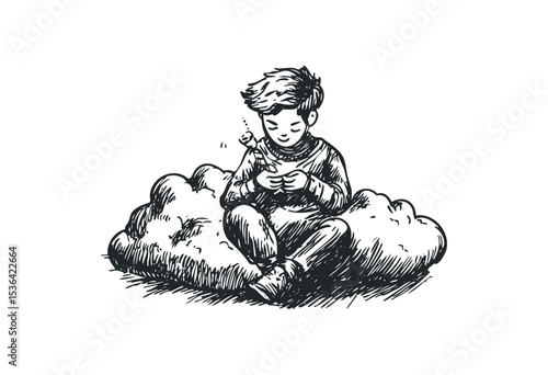 Young caucasian child sitting on clouds with toy illustrative sketch. Vector retro hand drawn illustration