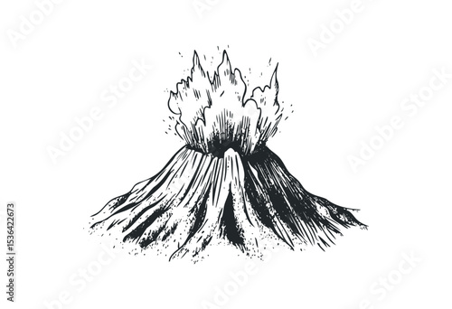 Volcanic eruption: dramatic illustration of explosive natural phenomenon. Vector retro hand drawn illustration