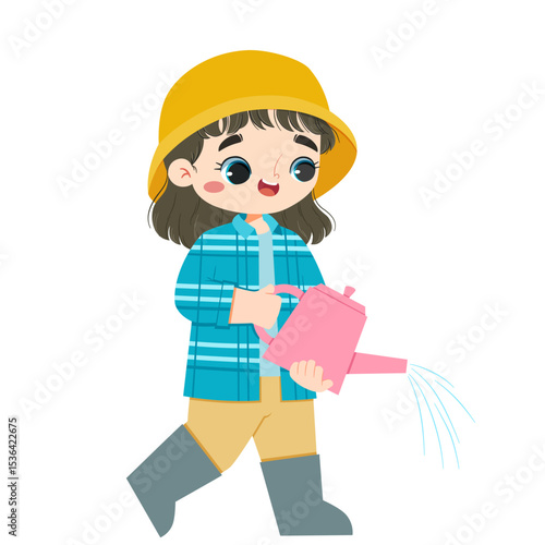 Cute girl watering plant in farmland on a summer time