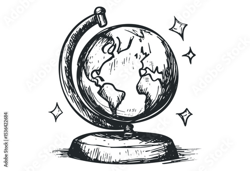 Hand-drawn globe illustration with sparkles surrounding the world. Vector retro hand drawn illustration