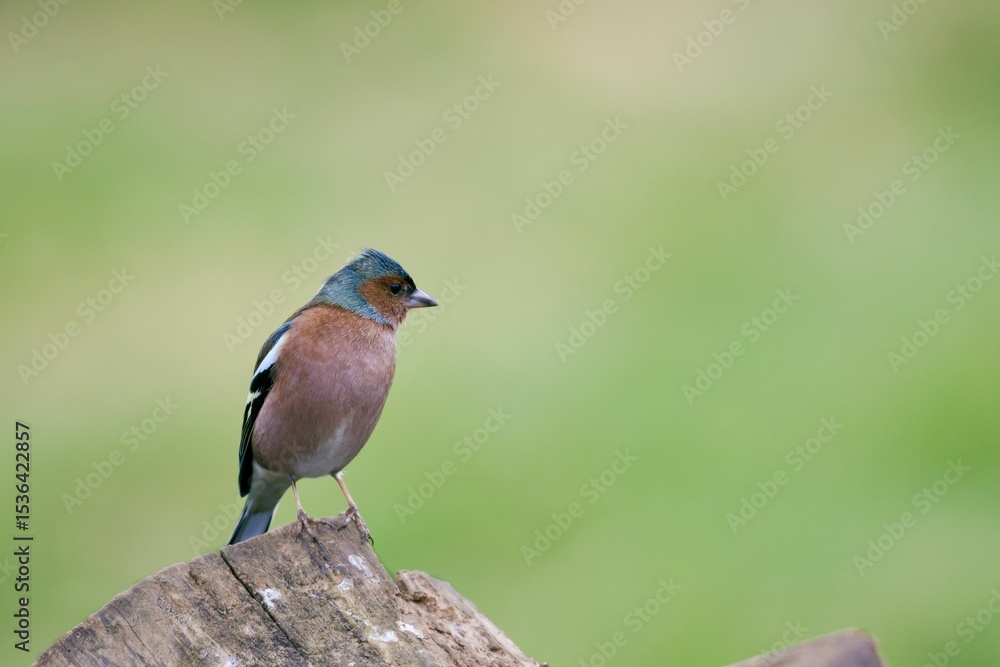Chaffinch perched on a log with green backdrop. Chaffinch perched on a log with green backdrop.