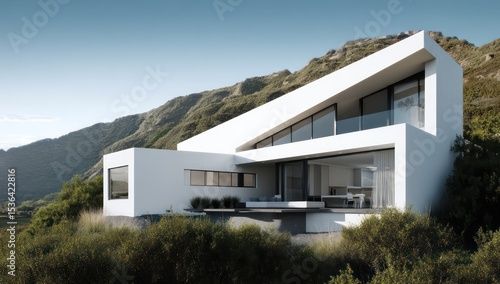 White house with a steep roof and scenic views of the surrounding landscape.