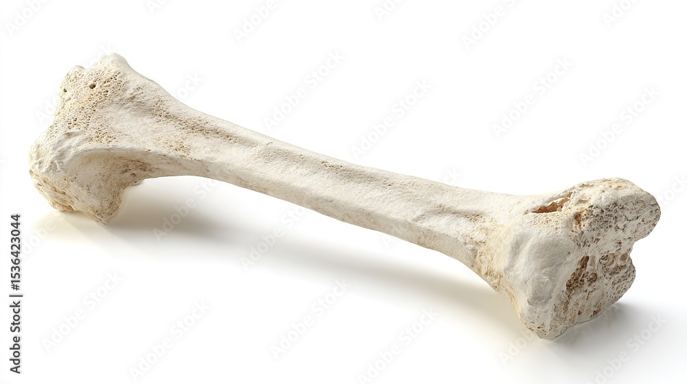 Anatomically accurate 3D rendering of isolated human femur bone with realistic cortical and trabecular structure, shown in bent knee position context, symbolizing orthopedic education and skeletal ana Anatomically accurate 3D rendering of isolated human femur bone with realistic cortical and trabecular structure, shown in bent knee position context, symbolizing orthopedic education and skeletal ana