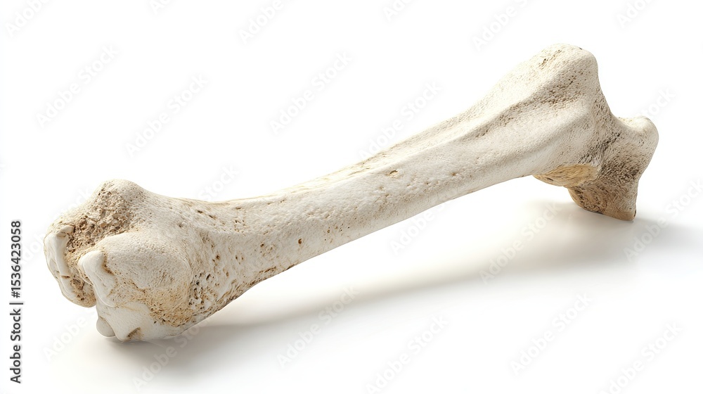 Fototapeta premium Anatomically accurate 3D rendering of isolated human femur bone with realistic cortical and trabecular structure, shown in bent knee position context, symbolizing orthopedic education and skeletal ana