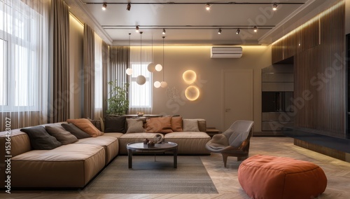Inviting living room with tan walls, minimalist furniture, and warm lighting for a relaxing space.