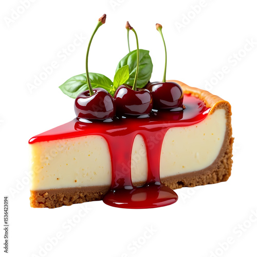 A slice of cheesecake with cherries and red glaze on isolated on transparent background