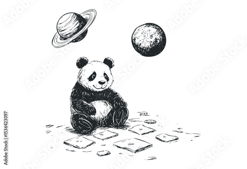 Cute panda sitting with saturn and moon in space. Vector retro hand drawn illustration