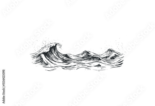 Hand-drawn ocean waves in motion illustrated in black ink. Vector retro hand drawn illustration