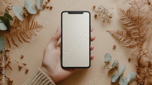 Person holding a mobile device surrounded by dried botanicals against a tan background in a clean, minimalist aesthetic.
