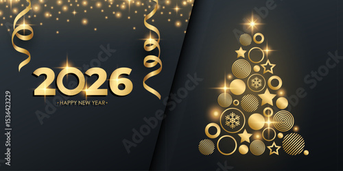 2026 Happy New Year festive banner with golden Christmas tree. Sparkles and ribbons. Black and gold colors. Vector illustration.