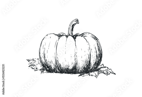 Detailed sketch of a pumpkin with leaves. Vector retro hand drawn illustration