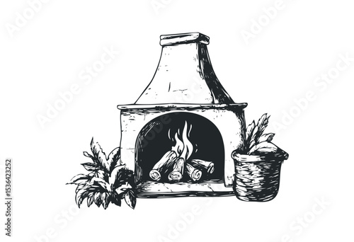 Vintage fireplace with firewood and plants illustration. Vector retro hand drawn illustration