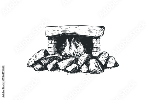 Rustic hand-drawn fireplace with stacked logs and flickering flames. Vector retro hand drawn illustration