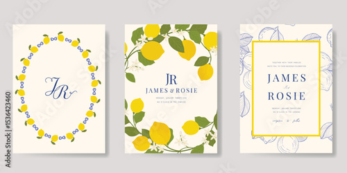 Indigo Italy summer invitation card vector. Italian poster with lemon, Blue Mediterranean tiles pattern, summer element. Design for wedding card, greeting card, bridal shower, cover.