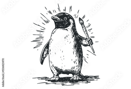 Creative penguin holding a paintbrush in artistic sketch style. Vector retro hand drawn illustration