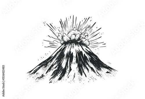 Eruption of a volcano with explosive lava and ash cloud. Vector retro hand drawn illustration