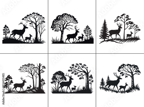 Black and white deer family silhouettes in diverse forest landscapes, ideal for wildlife, nature, and outdoor-themed designs.
