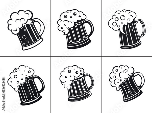 Black and white cartoon beer mugs overflowing with frothy foam, ideal for beverage, bar, or pub-themed designs.