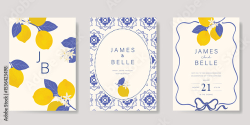 Indigo Italy summer invitation card vector. Italian poster with lemon, Blue Mediterranean tiles pattern, summer element. Design for wedding card, greeting card, bridal shower, cover.