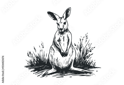 Illustration of a kangaroo in a natural setting with grassy elements. Vector retro hand drawn illustration