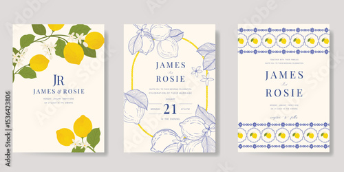 Indigo Italy summer invitation card vector. Italian poster with lemon, Blue Mediterranean tiles pattern, summer element. Design for wedding card, greeting card, bridal shower, cover.