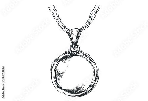Hand-drawn pendant necklace with braided chain in black and white. Vector retro hand drawn illustration