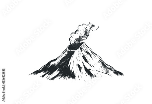 Erupting volcano with smoke in engraved style illustration. Vector retro hand drawn illustration
