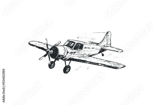 Vintage propeller airplane sketch with detailed line art design. Vector retro hand drawn illustration