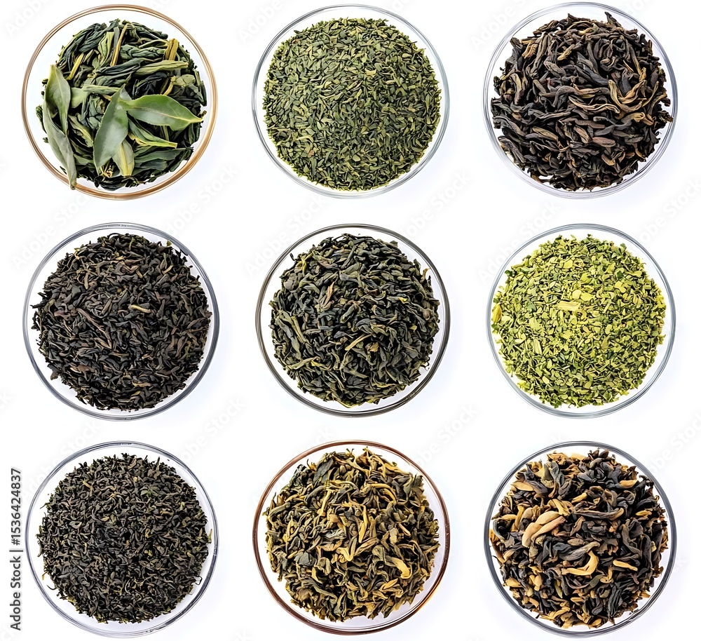 Fototapeta premium Collection of green tea top view close-up set isolated on white background ,