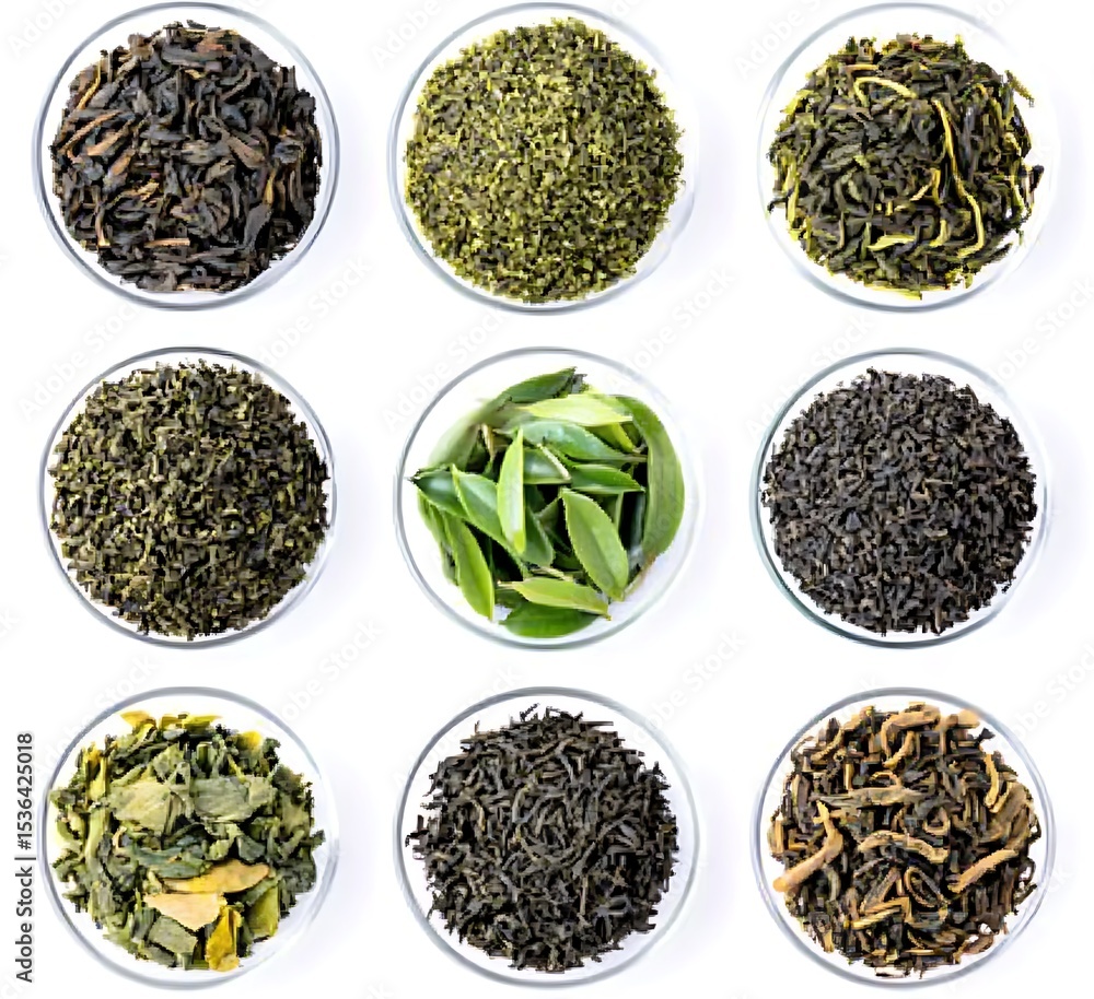 Fototapeta premium Collection of green tea top view close-up set isolated on white background ,